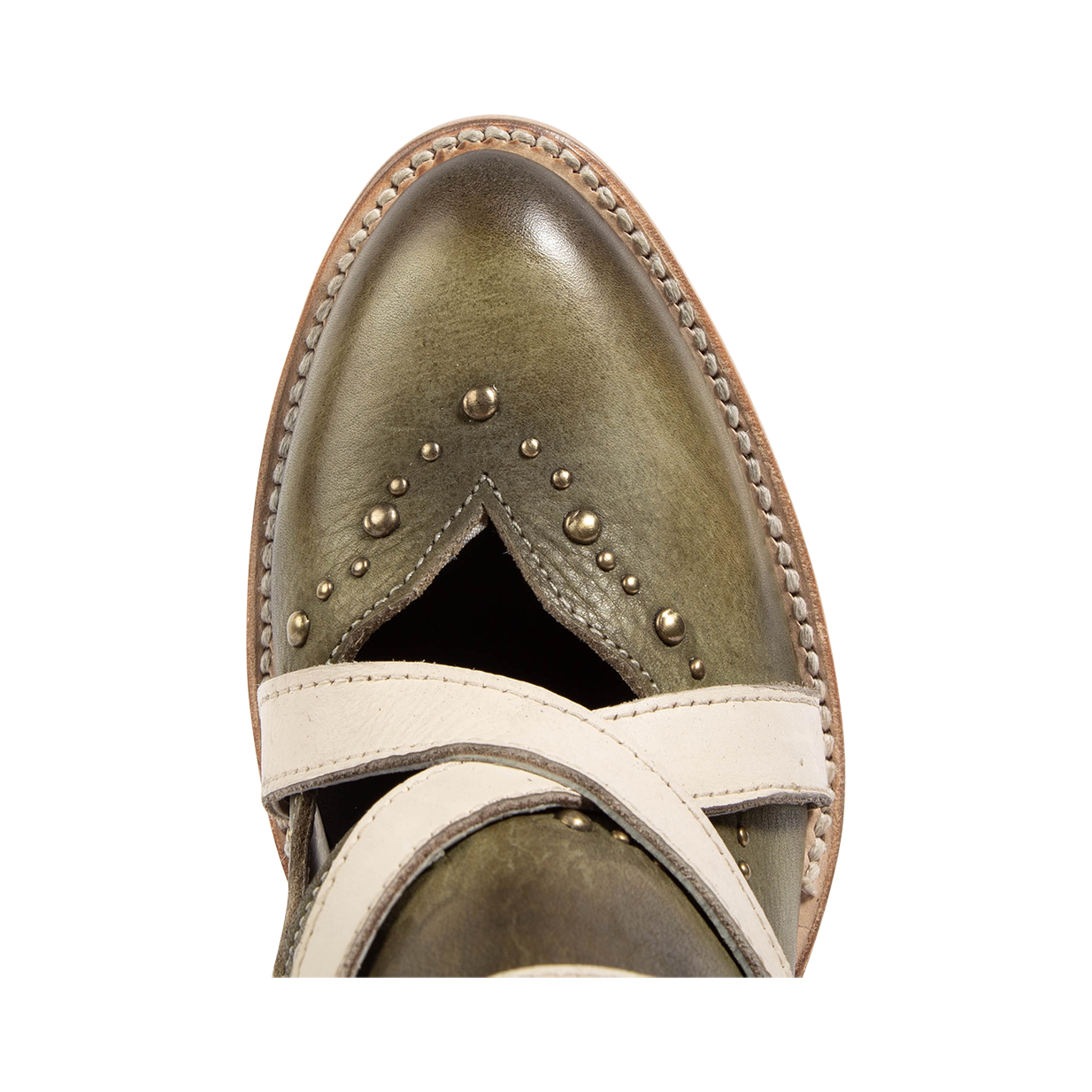 Top view showing almond toe construction with stud detailing and contrasting leather foot straps on FREEBIRD women's Samantha green bootie