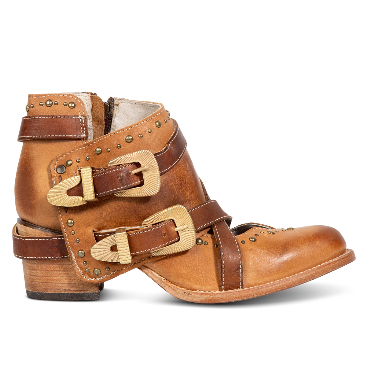 FREEBIRD women's Samantha honey bootie with stud detailing, contrasting straps with gold hardware, and inside zip closure 