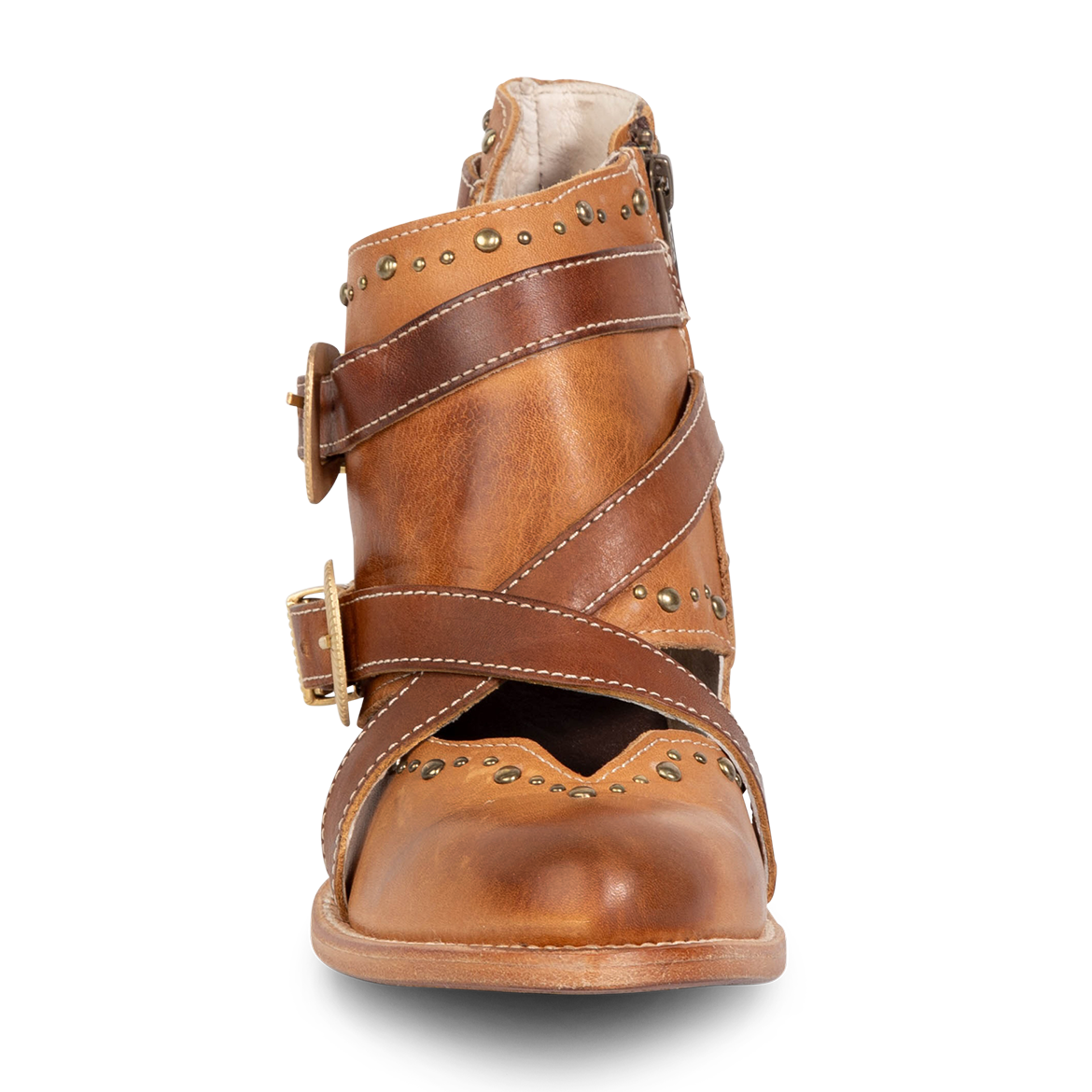 Front view showing contrasting leather straps and stud detailing on FREEBIRD women's Samantha honey low heeled bootie 