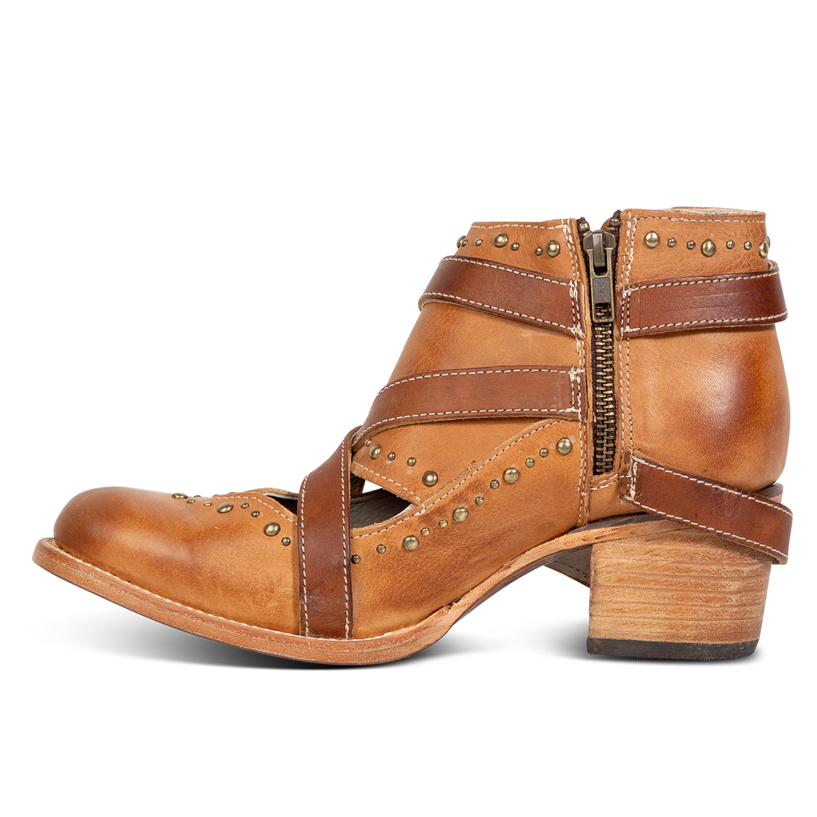 Side view showing low heel and working brass zip closure on FREEBIRD women's Samantha honey bootie