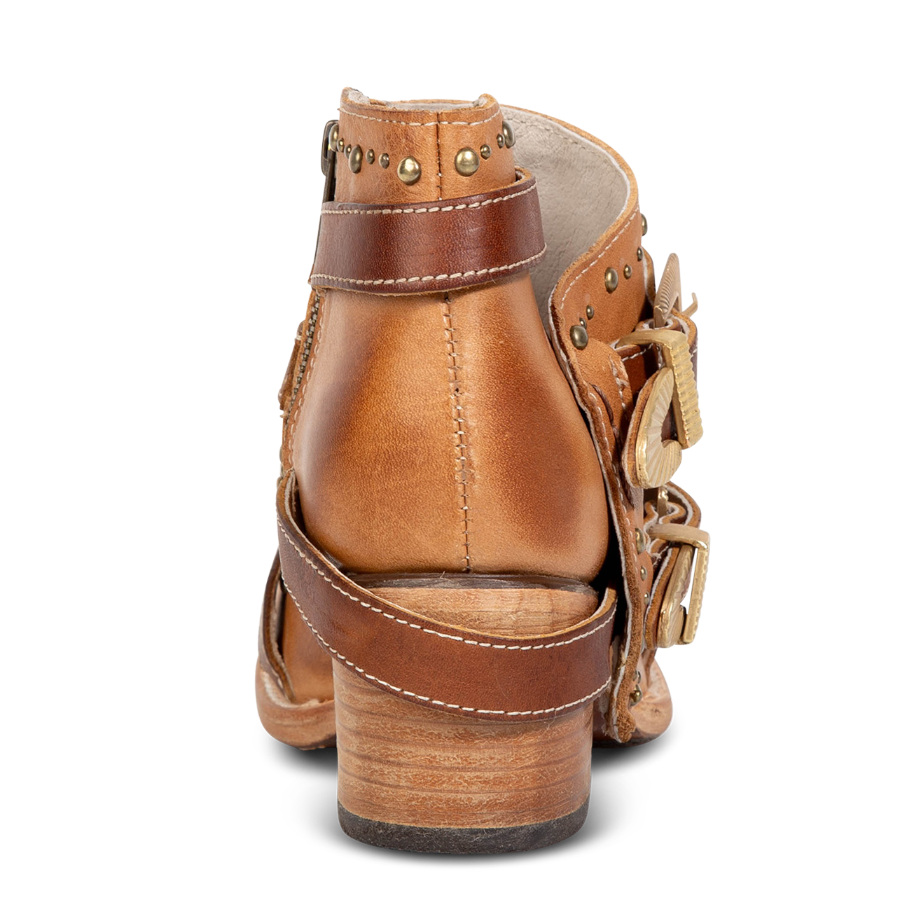 Back view showing low shaft, contrasting leather straps and stud detailing on FREEBIRD women's Samantha honey bootie