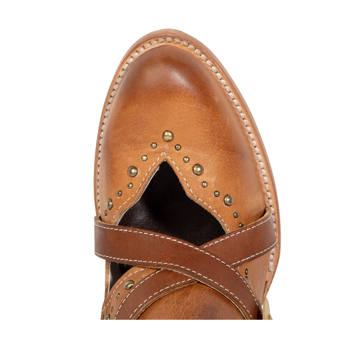 Top view showing almond toe construction with stud detailing and contrasting leather foot straps on FREEBIRD women's Samantha honey bootie