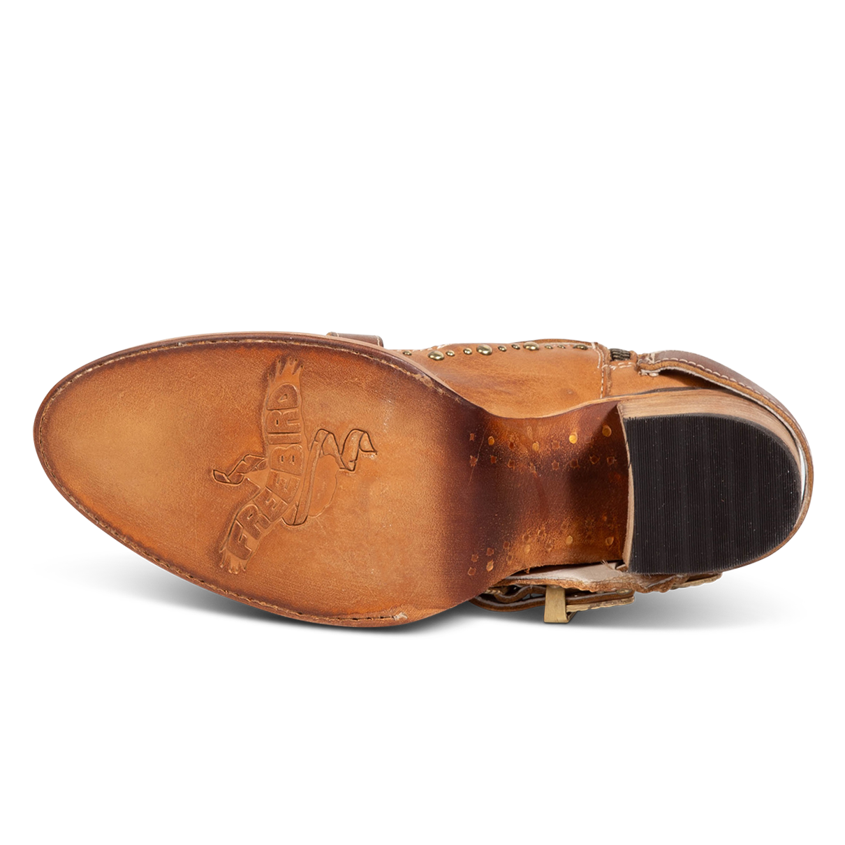 Leather sole imprinted with FREEBIRD on women's Samantha honey low heeled bootie