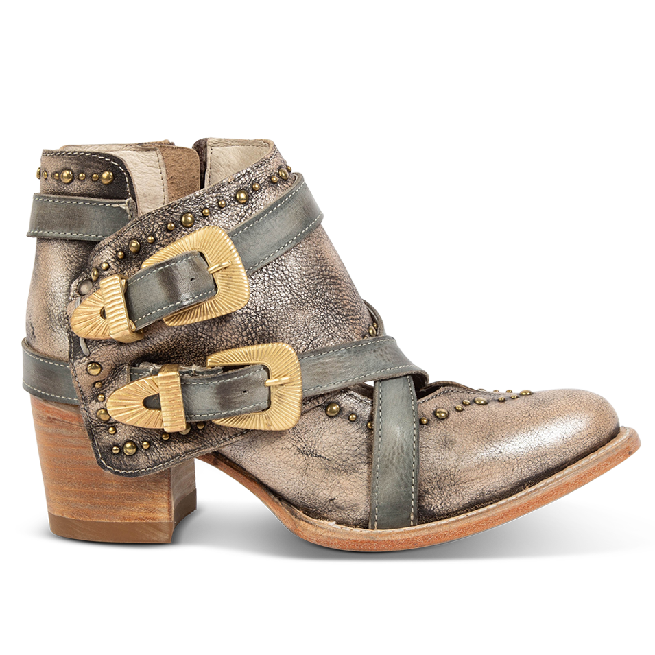 FREEBIRD women's Samantha pewter bootie with stud detailing, contrasting straps with gold hardware, and inside zip closure 