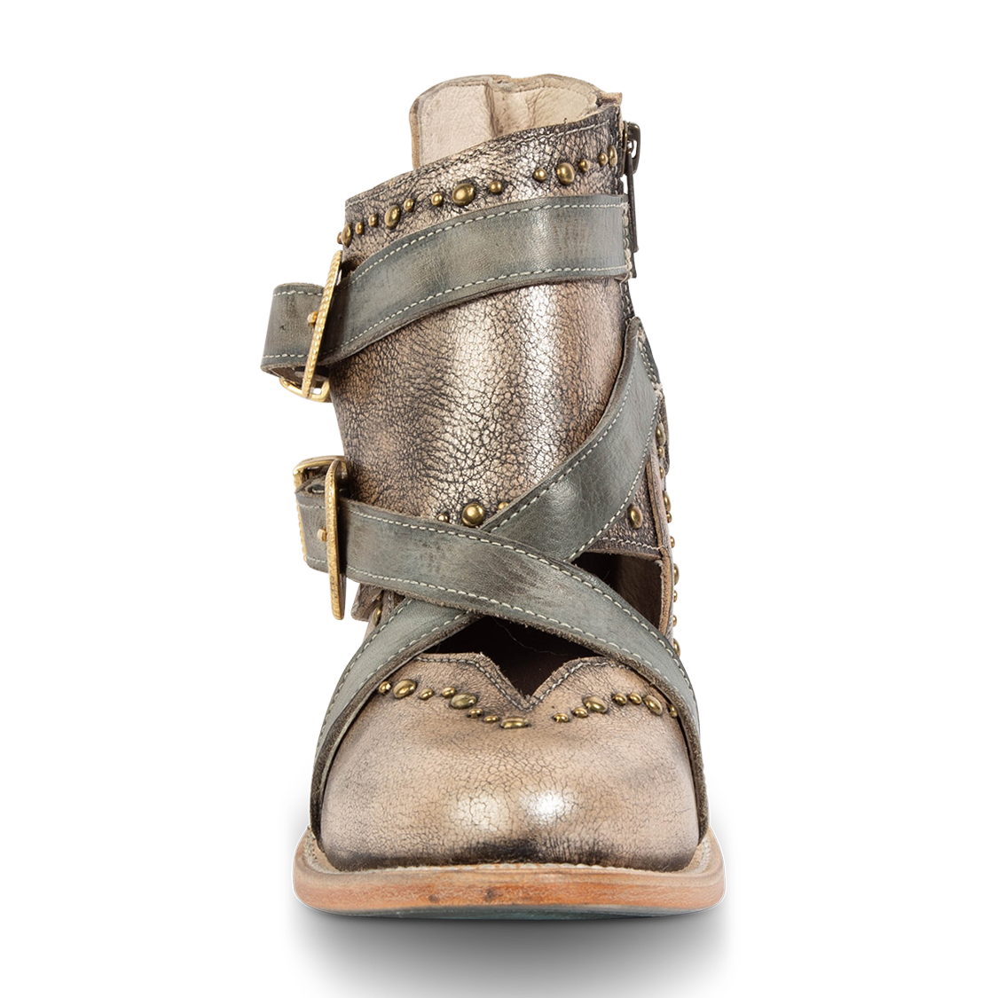 Front view showing contrasting leather straps and stud detailing on FREEBIRD women's Samantha pewter low heeled bootie 