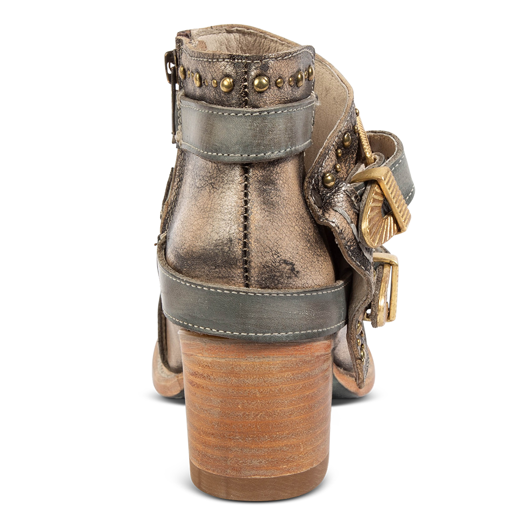 Back view showing low shaft, contrasting leather straps and stud detailing on FREEBIRD women's Samantha pewter bootie