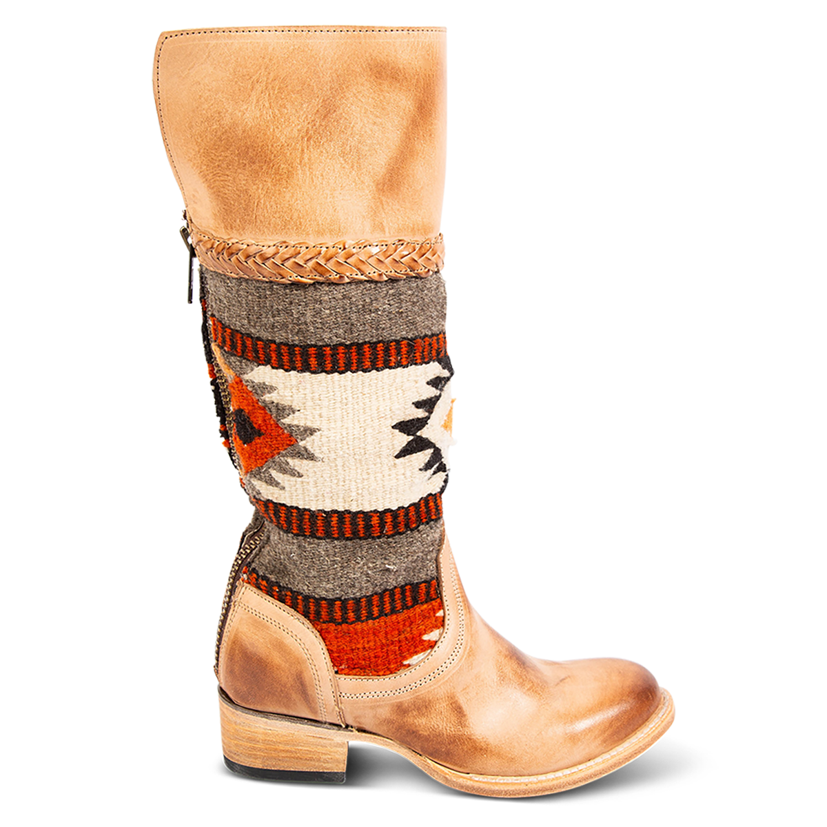 Freebird SAVAGE Tan leather boots featuring a woven textile upper, braided trim, round toe, and low block heel.