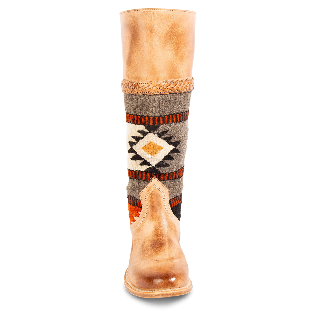 Freebird SAVAGE Tan leather tall boots featuring a woven textile upper, braided trim, and low block heel.