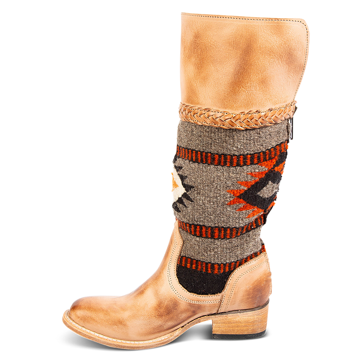 Freebird SAVAGE Tan leather tall boots featuring a woven textile upper, braided trim, and a low block heel.