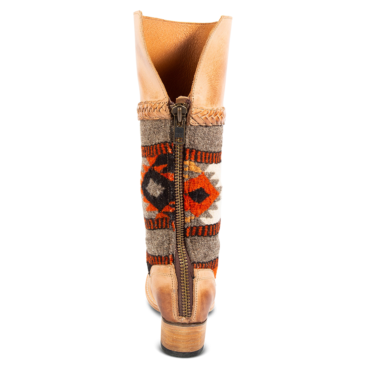 Freebird SAVAGE Tan leather tall boots featuring a woven textile upper, braided trim, and low block heel.