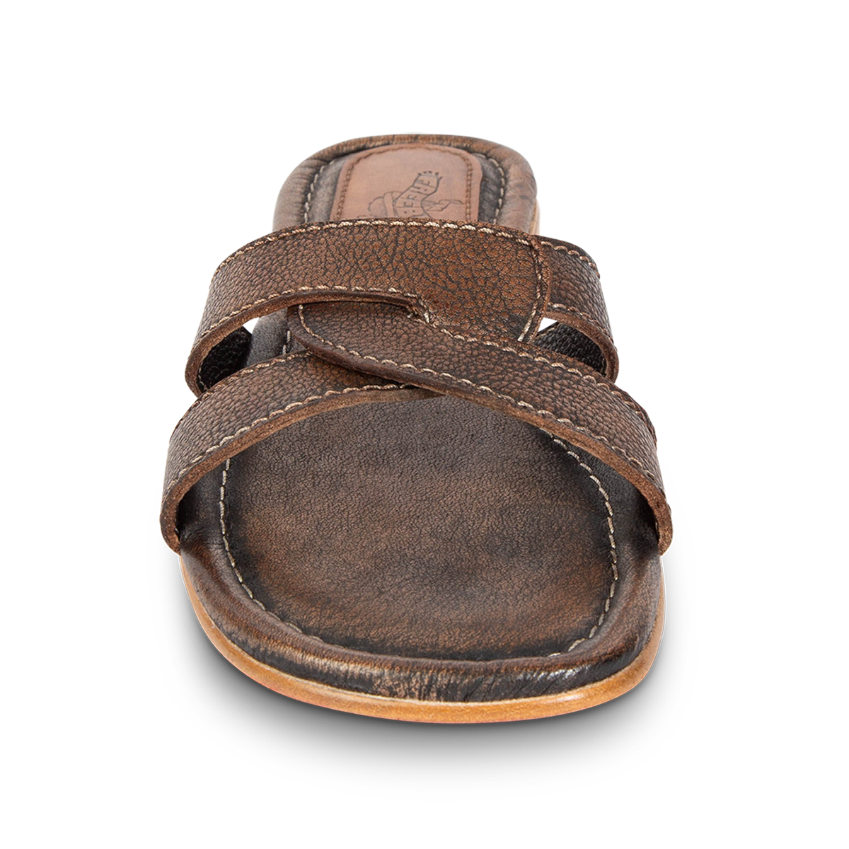 Front view showing FREEBIRD criss-cross leather foot strap on women's Sawyer black low heeled sandal