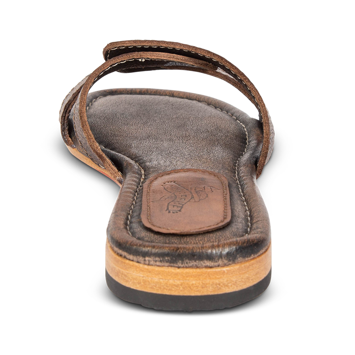 Back view showing low heel on FREEBIRD women's Sawyer black criss-cross leather strap sandal