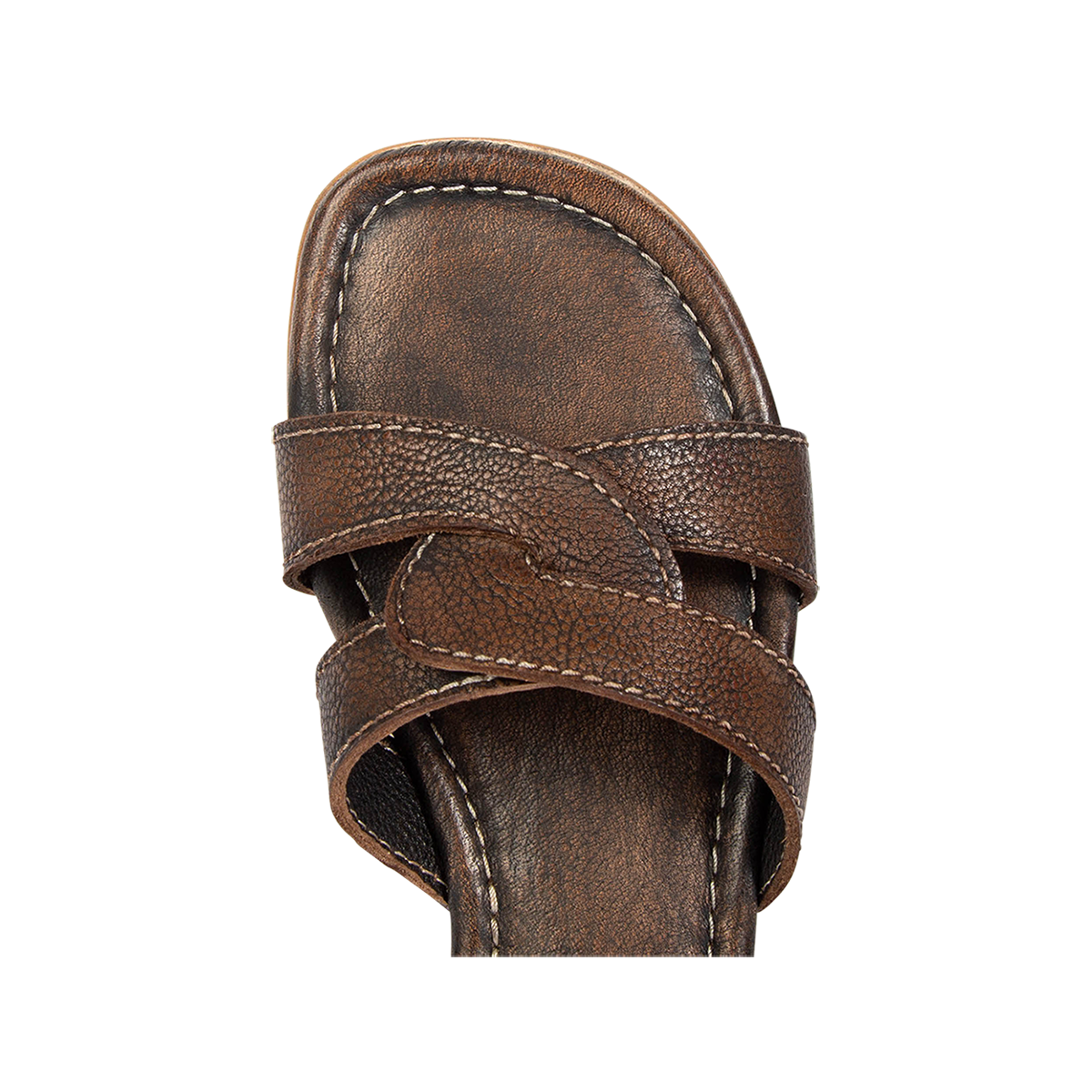 Top view showing criss-cross leather foot strap on FREEBIRD women's Sawyer black low heeled sandal
