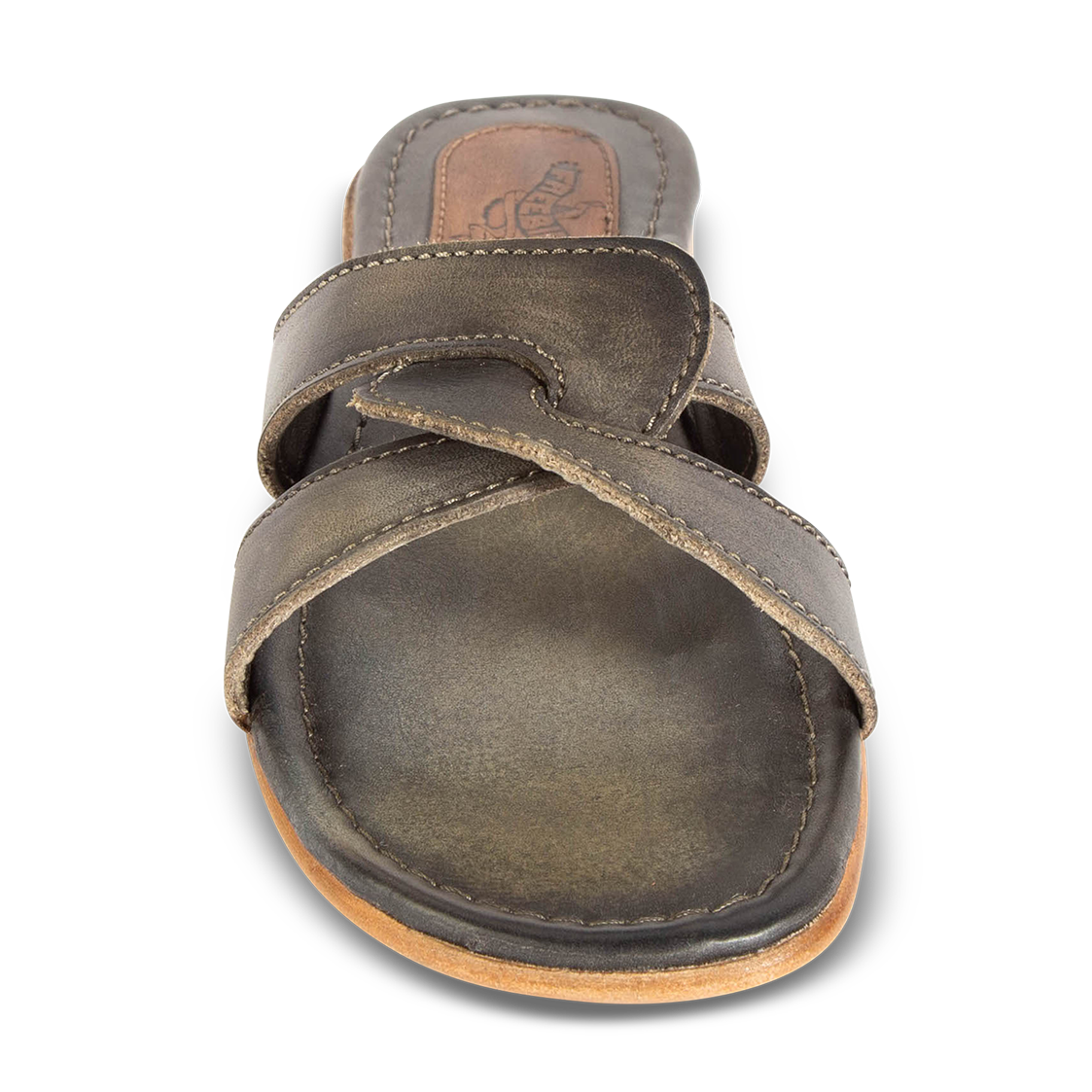 Front view showing FREEBIRD criss-cross leather foot strap on women's Sawyer olive low heeled sandal