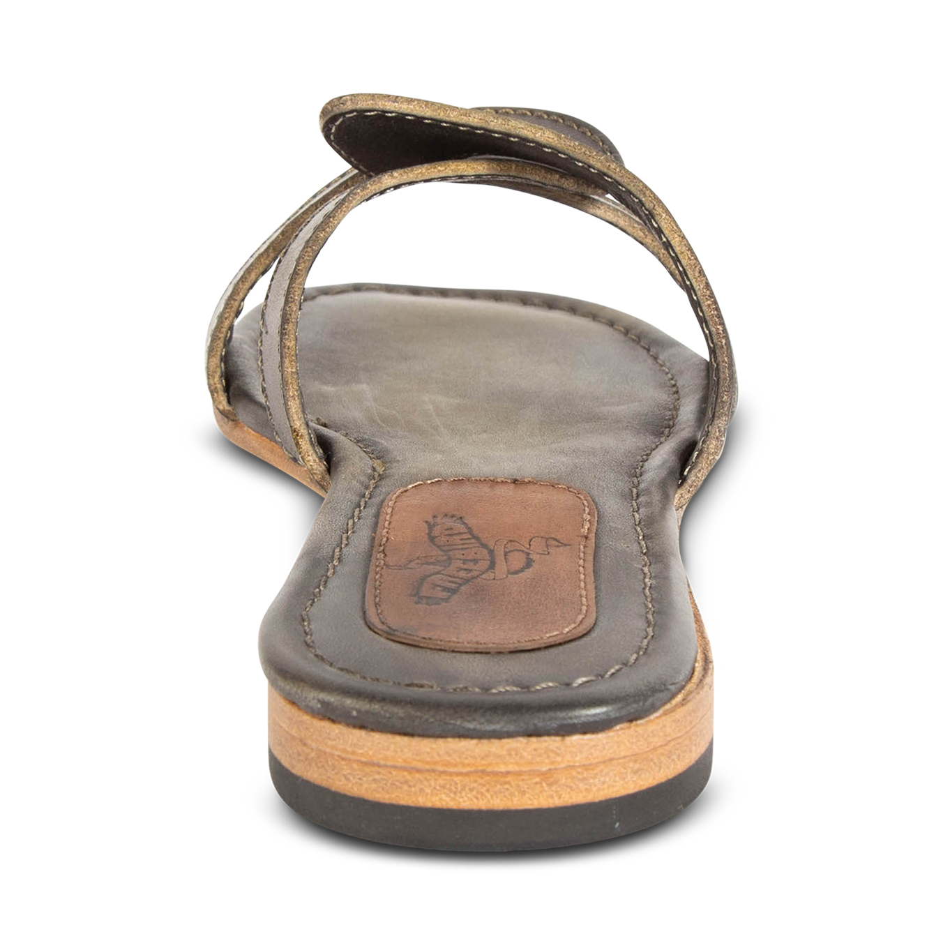 Back view showing low heel on FREEBIRD women's Sawyer olive criss-cross leather strap sandal