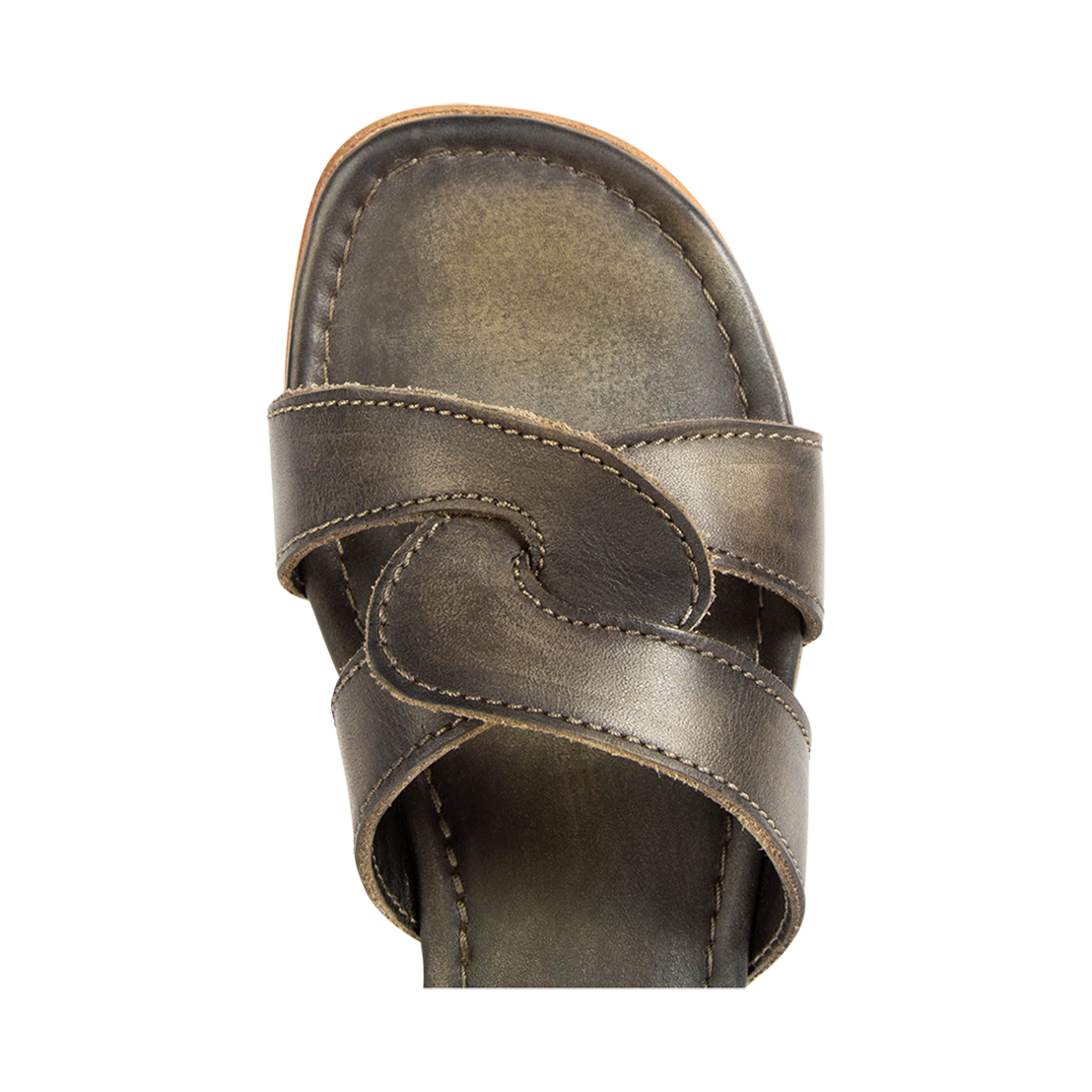 Top view showing criss-cross leather foot strap on FREEBIRD women's Sawyer olive low heeled sandal