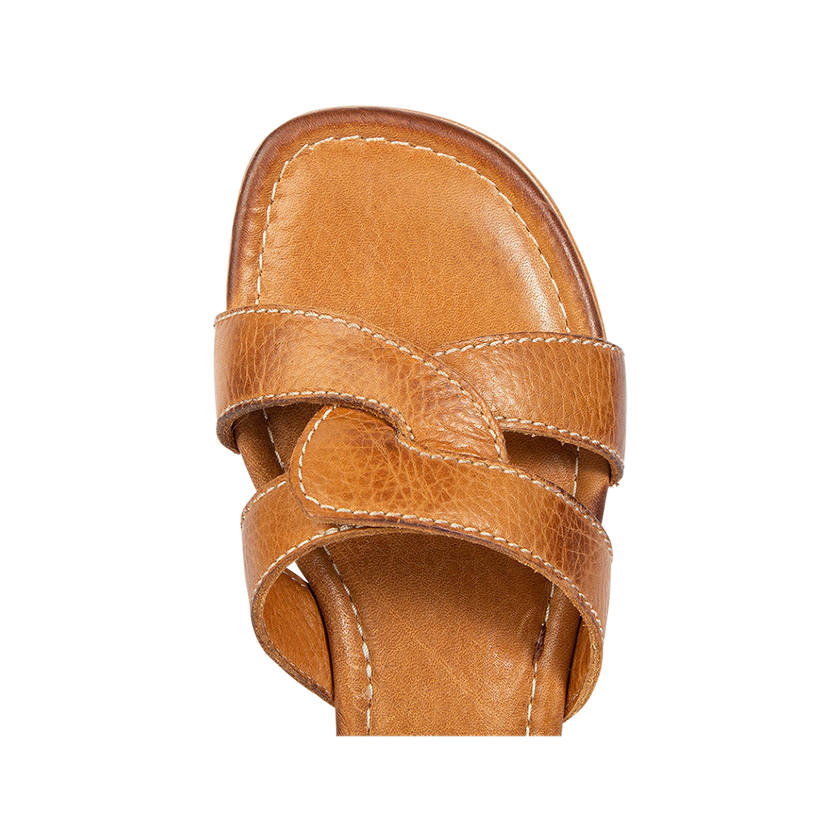Top view showing criss-cross leather foot strap on FREEBIRD women's Sawyer wheat low heeled sandal