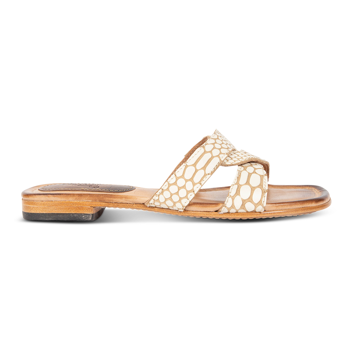 FREEBIRD women's Sawyer white snake low heeled slip on sandal featuring criss-cross leather foot straps