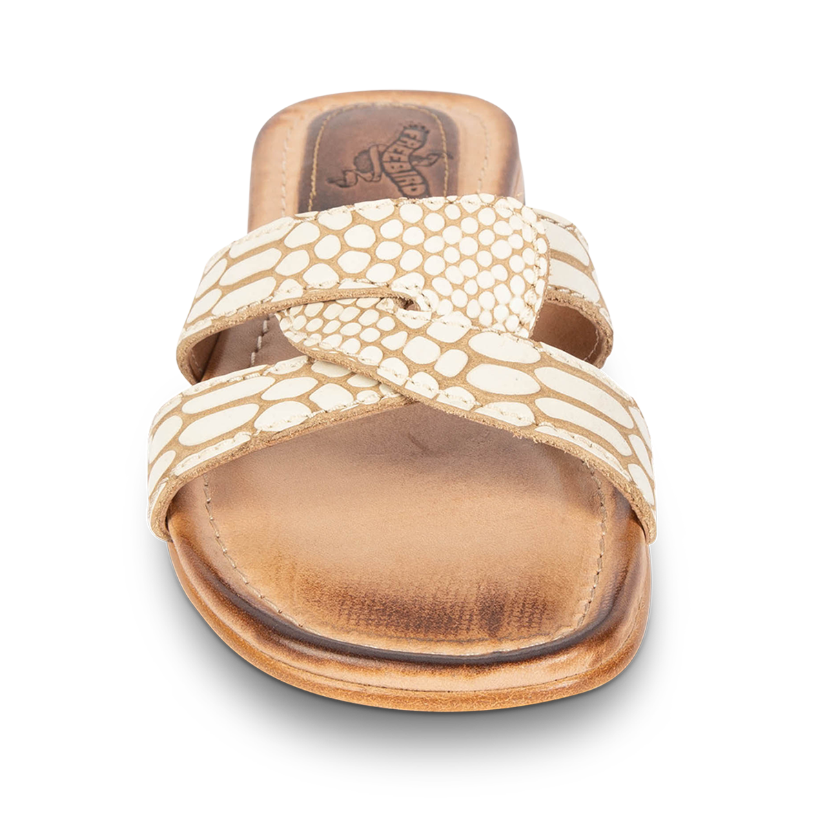 Front view showing FREEBIRD criss-cross leather foot strap on women's Sawyer white snake low heeled sandal