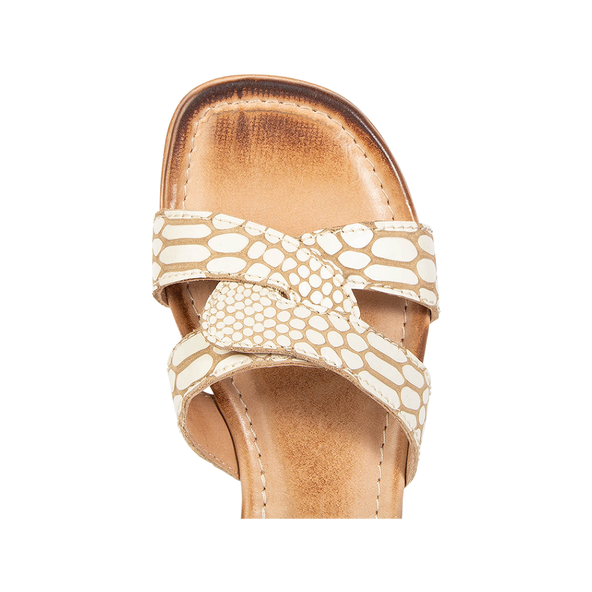 Top view showing criss-cross leather foot strap on FREEBIRD women's Sawyer white snake low heeled sandal