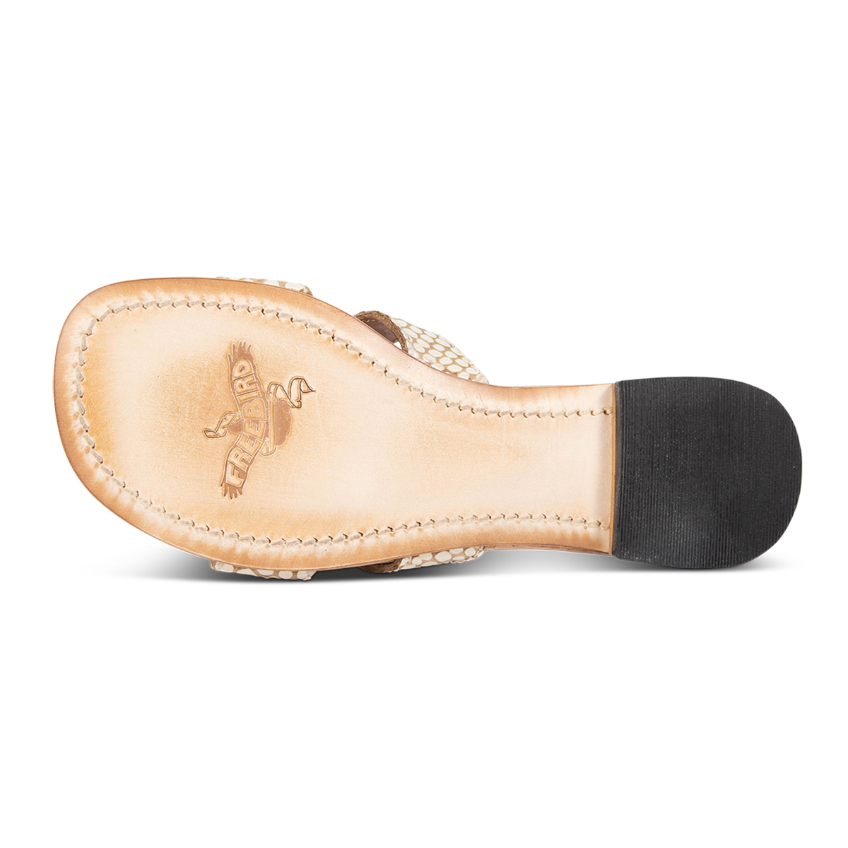 Leather sole on FREEBIRD women's Sawyer white snake low heeled sandal