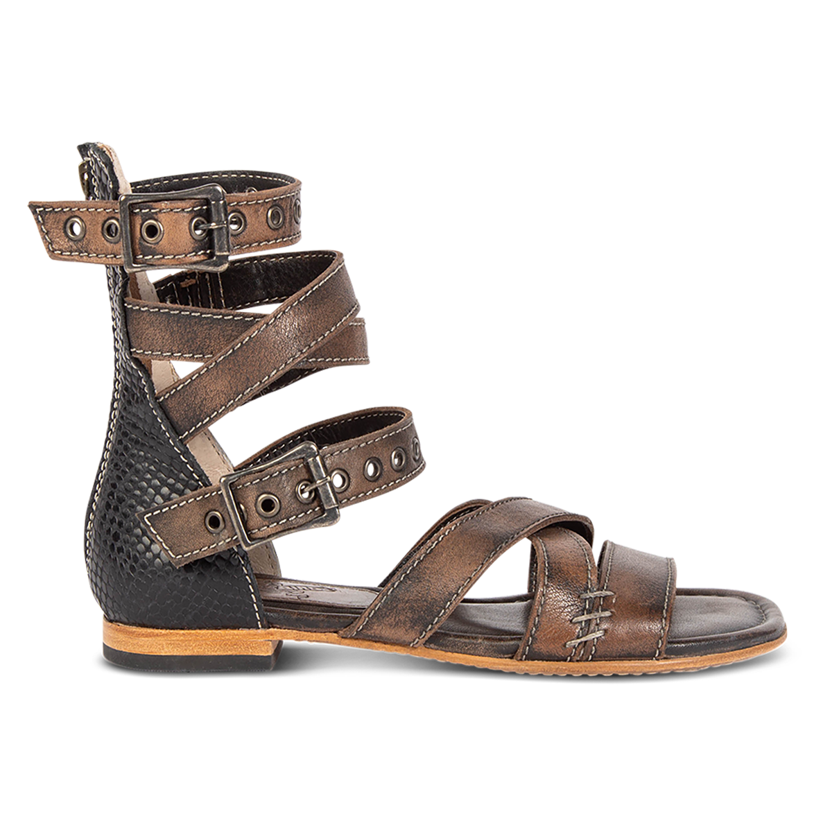 FREEBIRD women's Saylor Black Snake Multi strappy low heeled sandal featuring adjustable buckles and embossed detailing