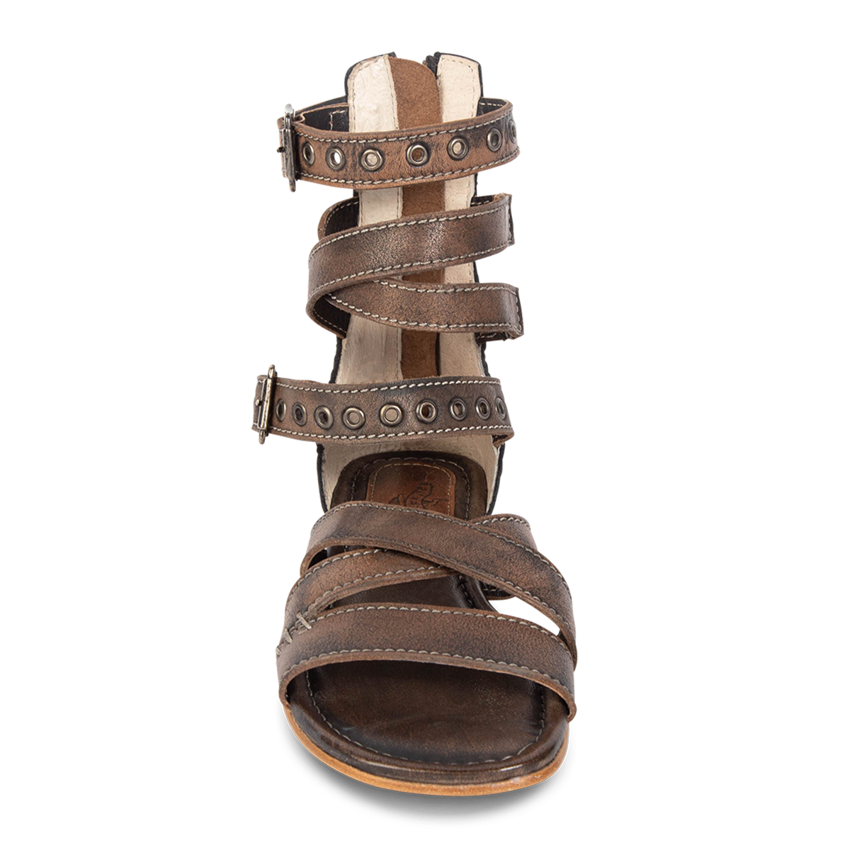 Front view showing FREEBIRD multi-strap design on women's Saylor black snake multi low heeled sandal