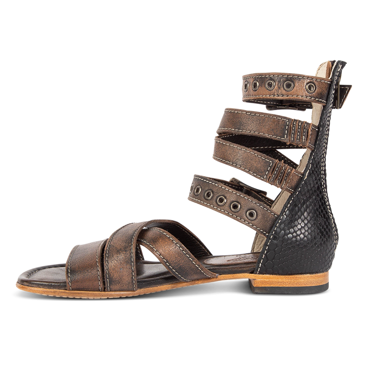 Inside view showing FREEBIRD multi-strap design and embossed leather on women's Saylor black snake multi low heeled sandal