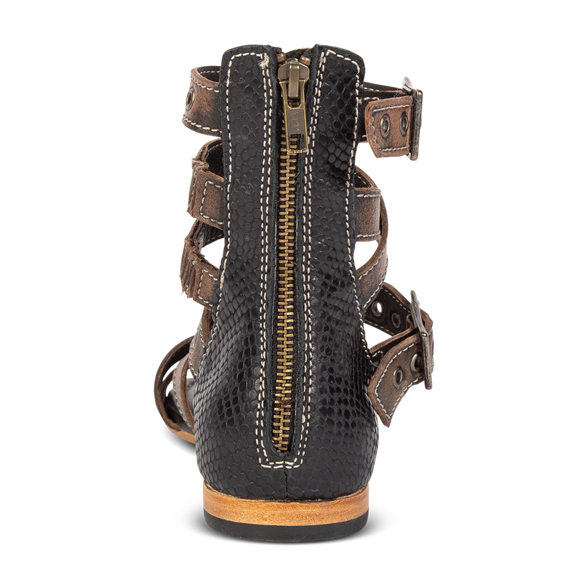 Back view showing FREEBIRD embossed leather on women's Saylor black snake multi low heeled sandal
