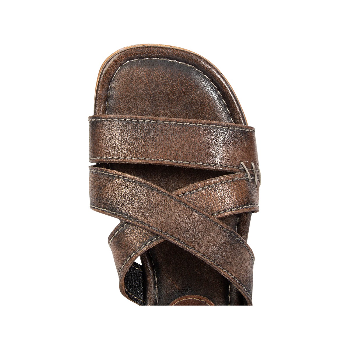 Top view showing FREEBIRD crossover foot straps on women's Saylor black snake multi low heeled sandal