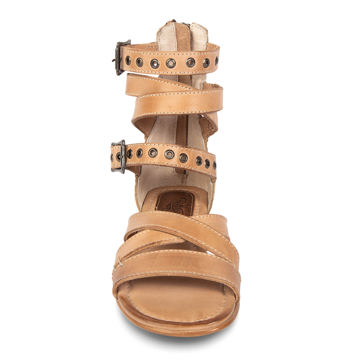 Front view showing FREEBIRD multi-strap design on women's Saylor white snake multi low heeled sandal