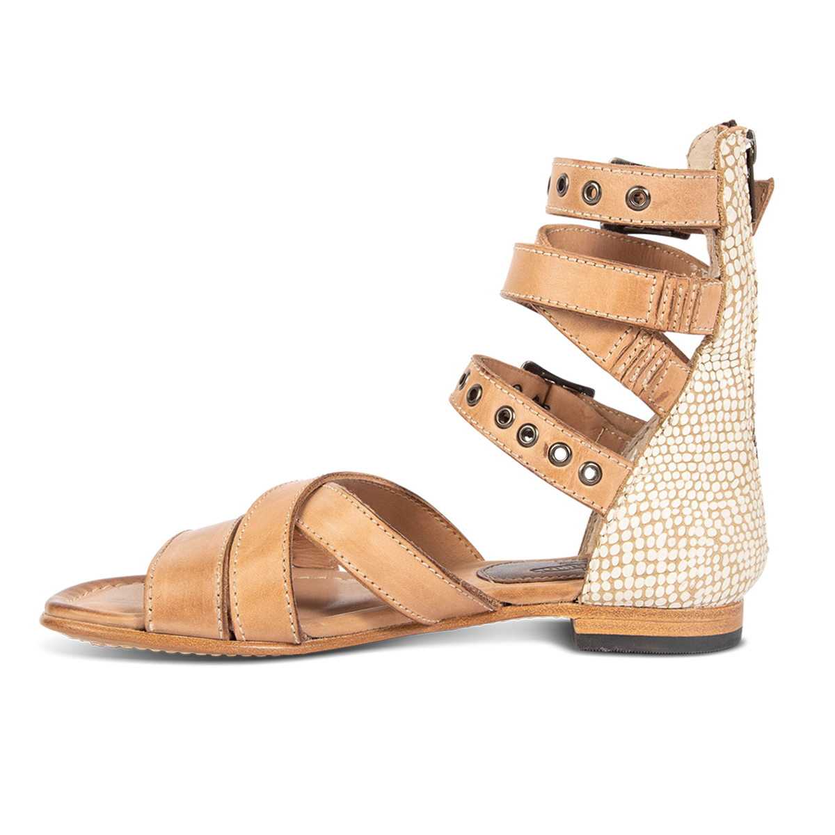 Inside view showing FREEBIRD multi-strap design and embossed leather on women's Saylor white snake multi low heeled sandal