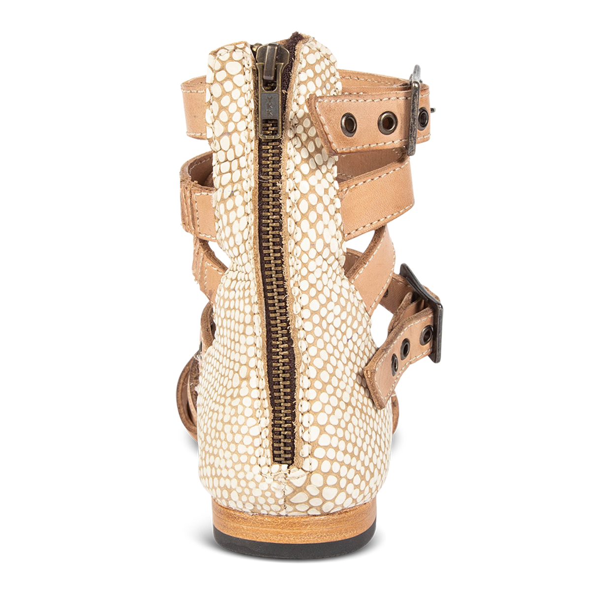 Back view showing FREEBIRD embossed leather on women's Saylor white snake multi low heeled sandal