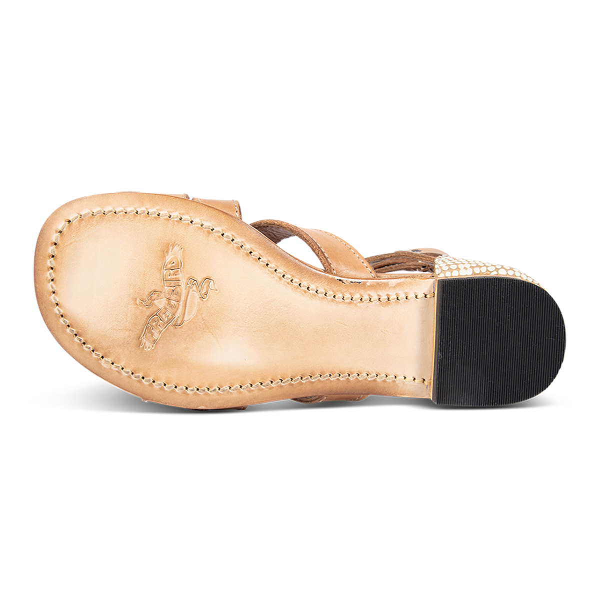 Leather sole on FREEBIRD women's Saylor white snake multi low heeled sandal