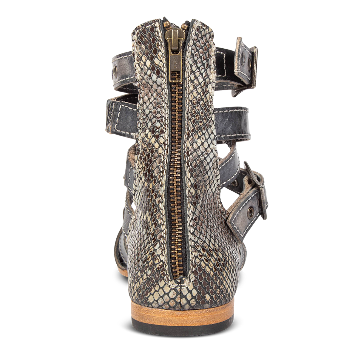 Back view showing FREEBIRD embossed leather on women's Saylor blue snake multi low heeled sandal