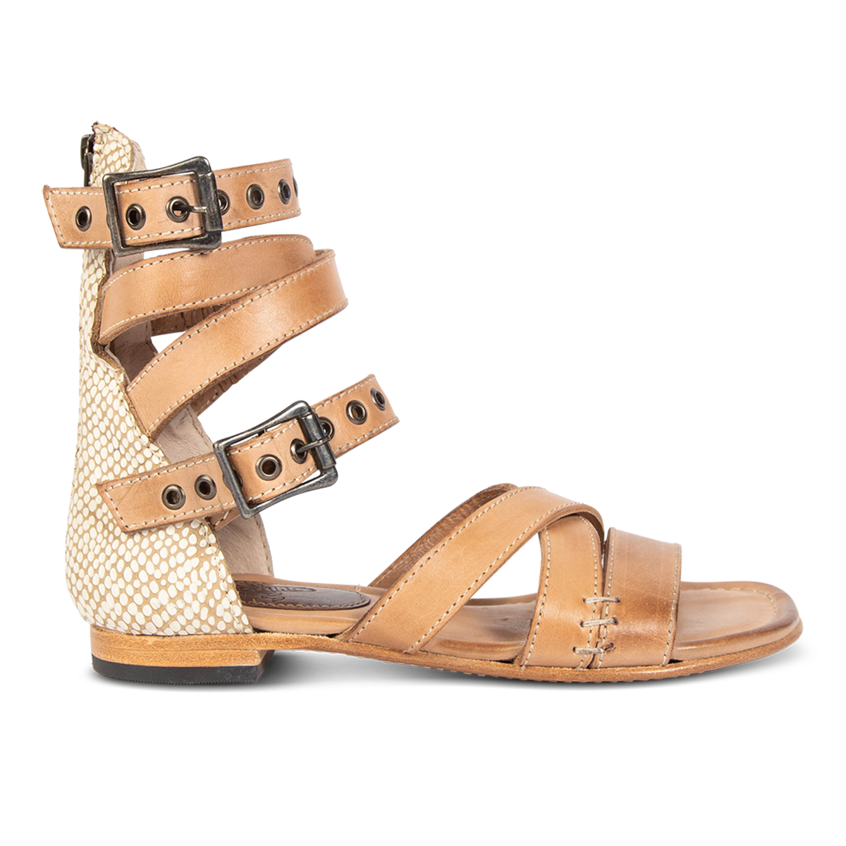 FREEBIRD women's Saylor White Snake Multi strappy low heeled sandal featuring adjustable buckles and embossed detailing