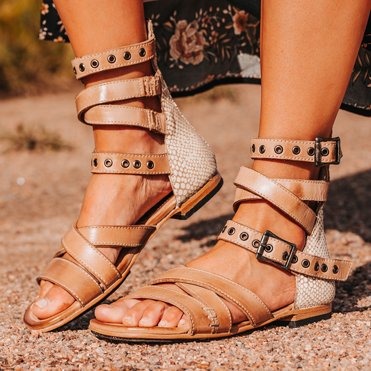 FREEBIRD women's Saylor White Snake Multi strappy low heeled sandal featuring adjustable buckles and embossed detailing
