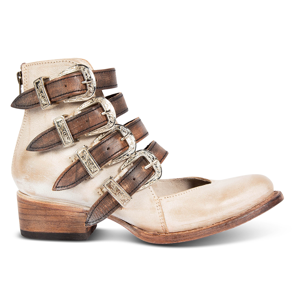 FREEBIRD women's Scarlett ice multi leather open bootie with four adjustable instep straps and western hardware