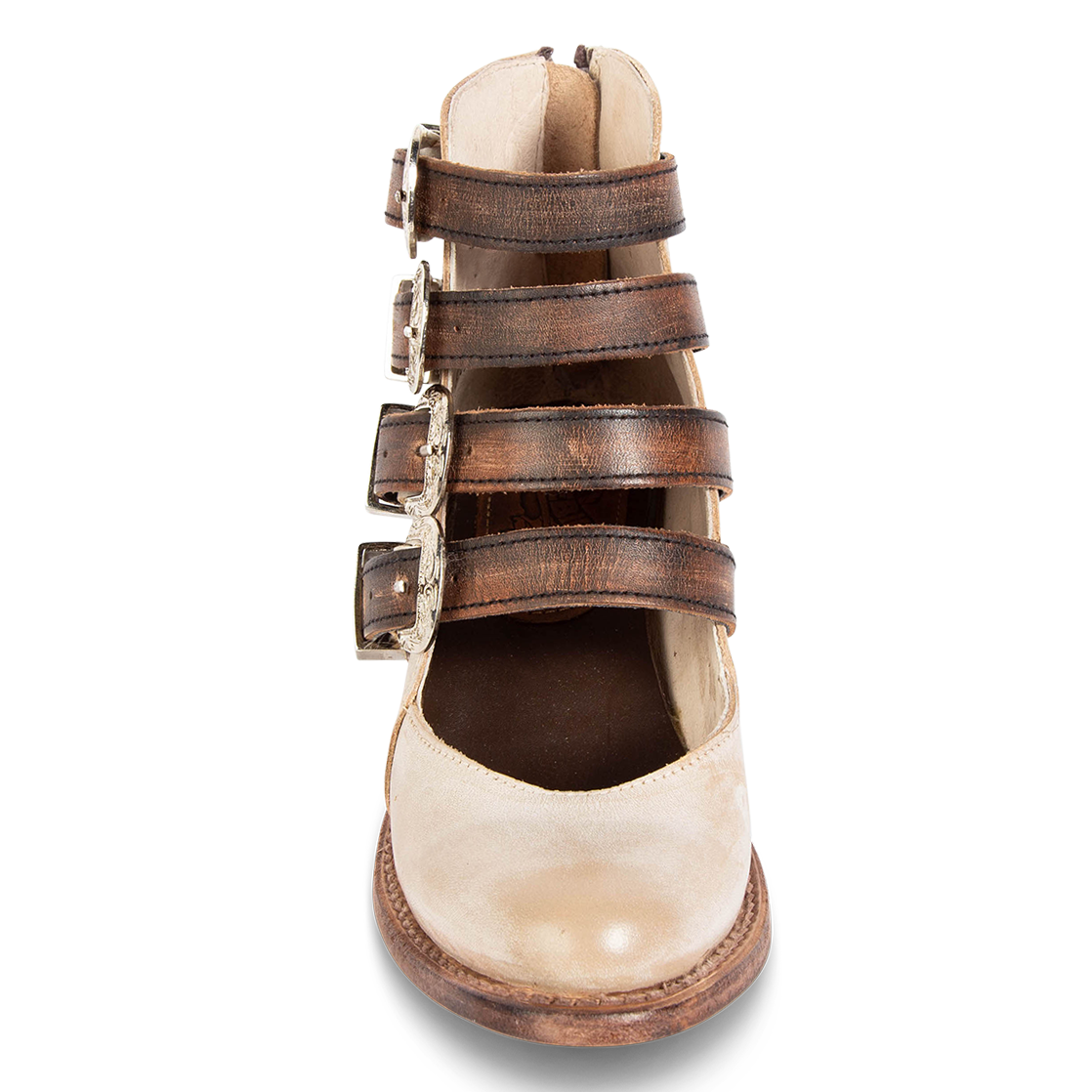 Front view showing adjustable instep straps with contrasting western buckles on FREEBIRD women's Scarlett ice multi leather bootie