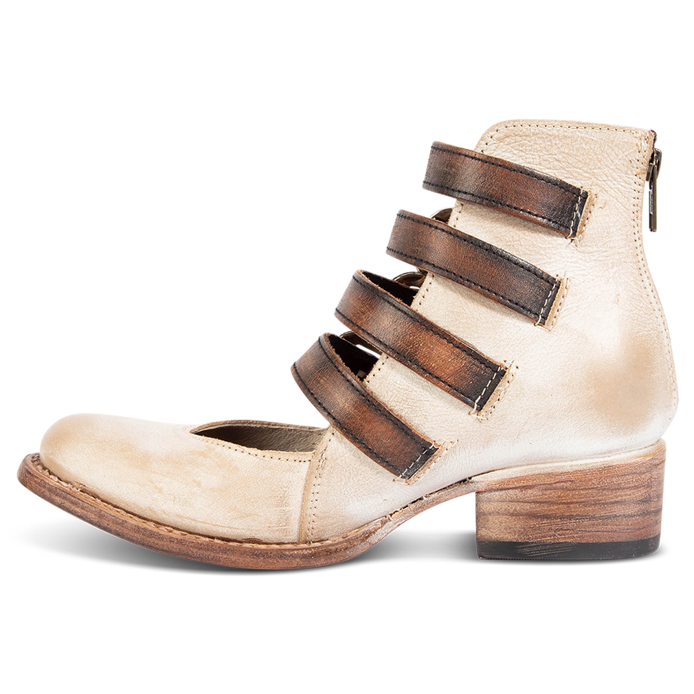 Inside view showing contrasting leather straps and open construction on FREEBIRD women's Scarlett ice multi leather bootie