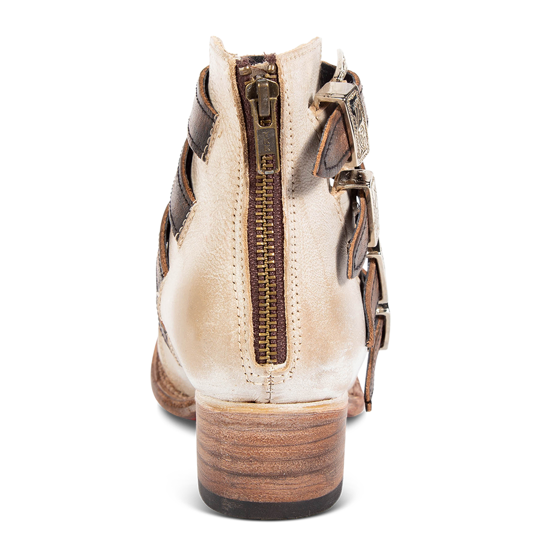 Back view low heel and working brass zip closure with red leather pull tab on FREEBIRD women's Scarlett ice multi leather bootie