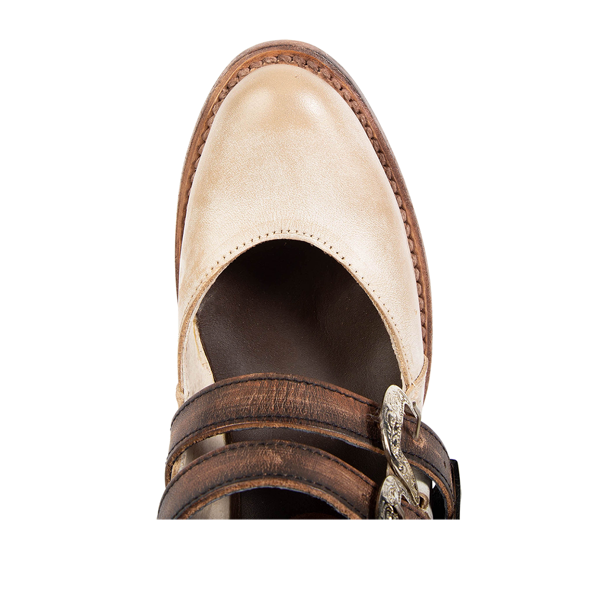 Top view showing almond toe and open construction on FREEBIRD women's Scarlett ice multi leather bootie