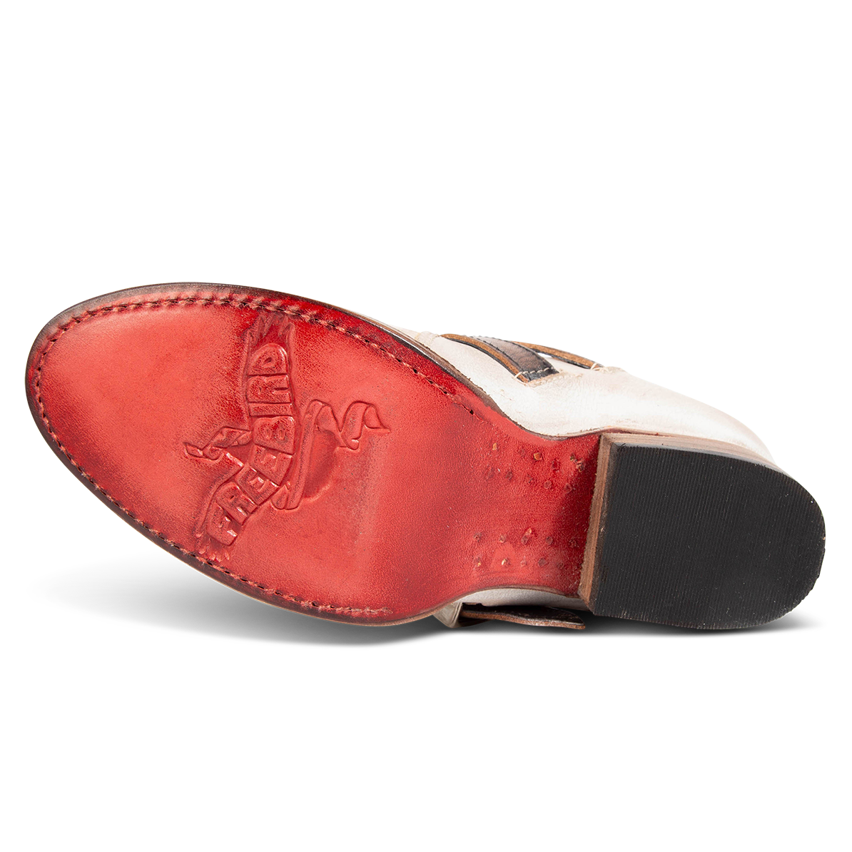 Red leather sole imprinted with FREEBIRD on women's Scarlett ice multi leather bootie