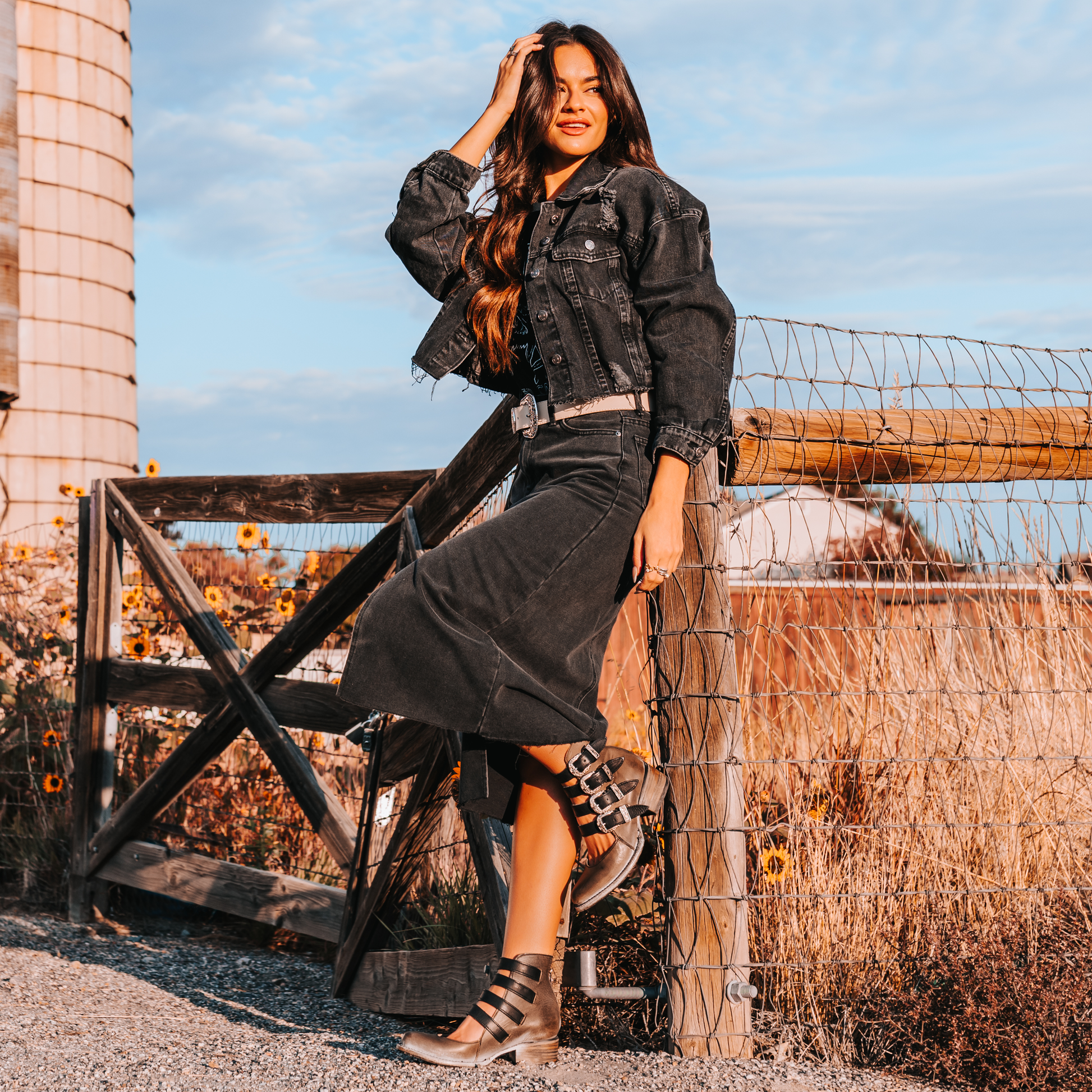 FREEBIRD women's Scarlett black multi leather open bootie with four adjustable instep straps and western hardware lifestyle