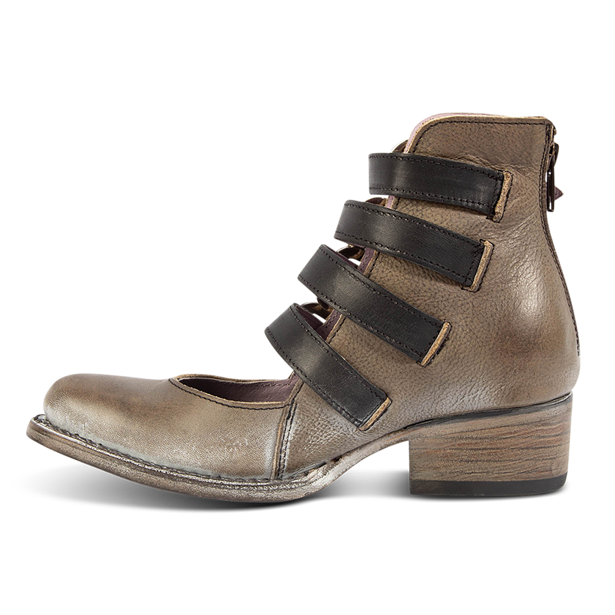 Inside view showing contrasting leather straps and open construction on FREEBIRD women's Scarlett black multi leather bootie
