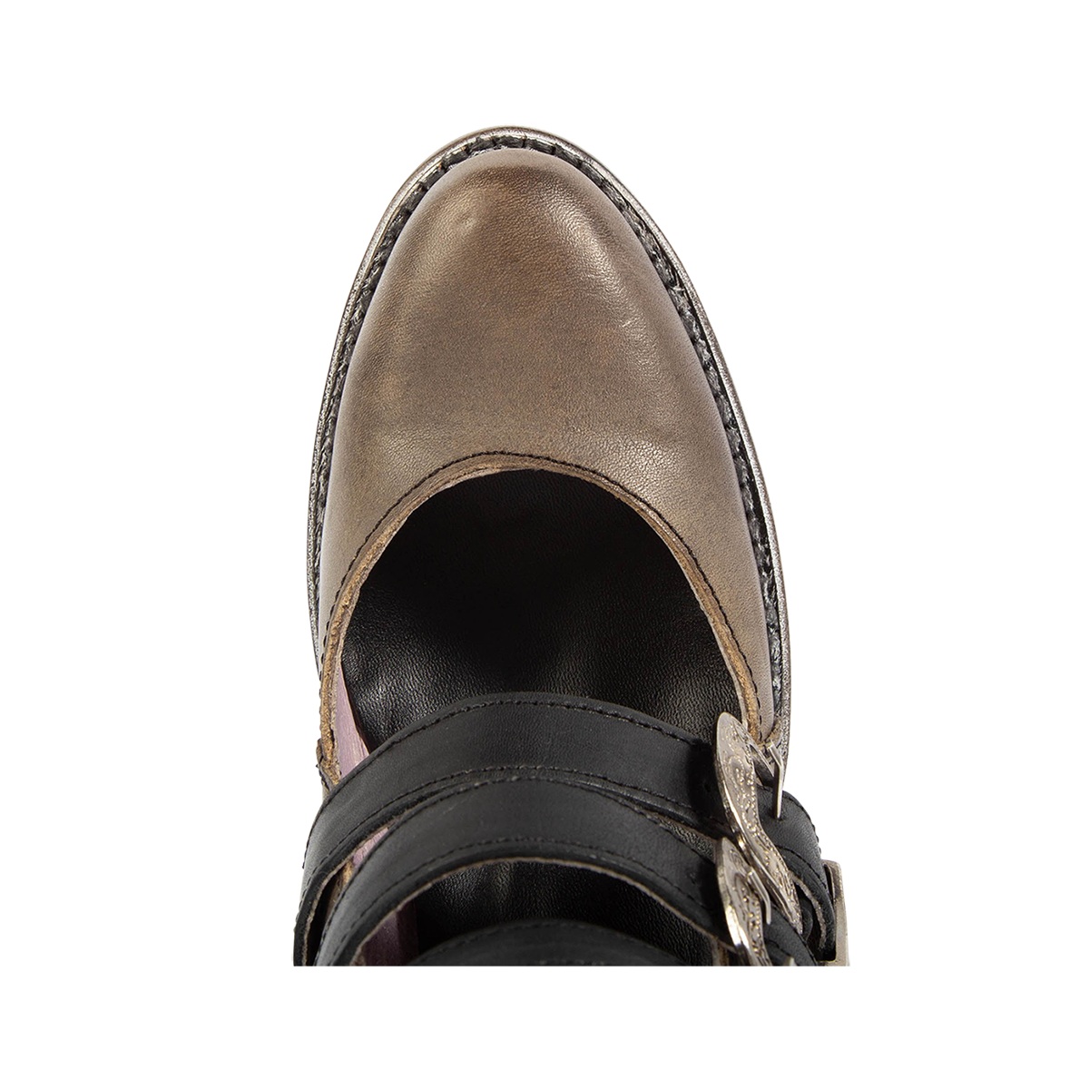 Top view showing almond toe and open construction on FREEBIRD women's Scarlett black multi leather bootie