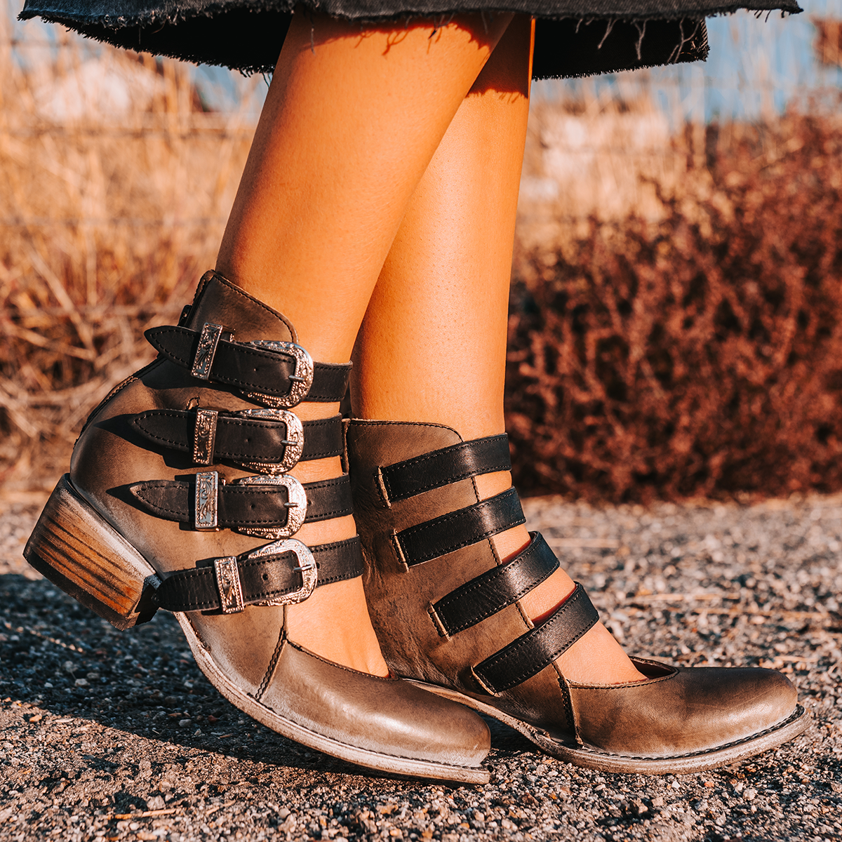 FREEBIRD women's Scarlett black multi leather open bootie with four adjustable instep straps and western hardware
