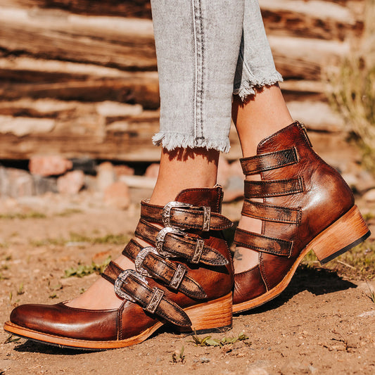 FREEBIRD women's Scarlett cognac multi leather open bootie with four adjustable instep straps and western hardware