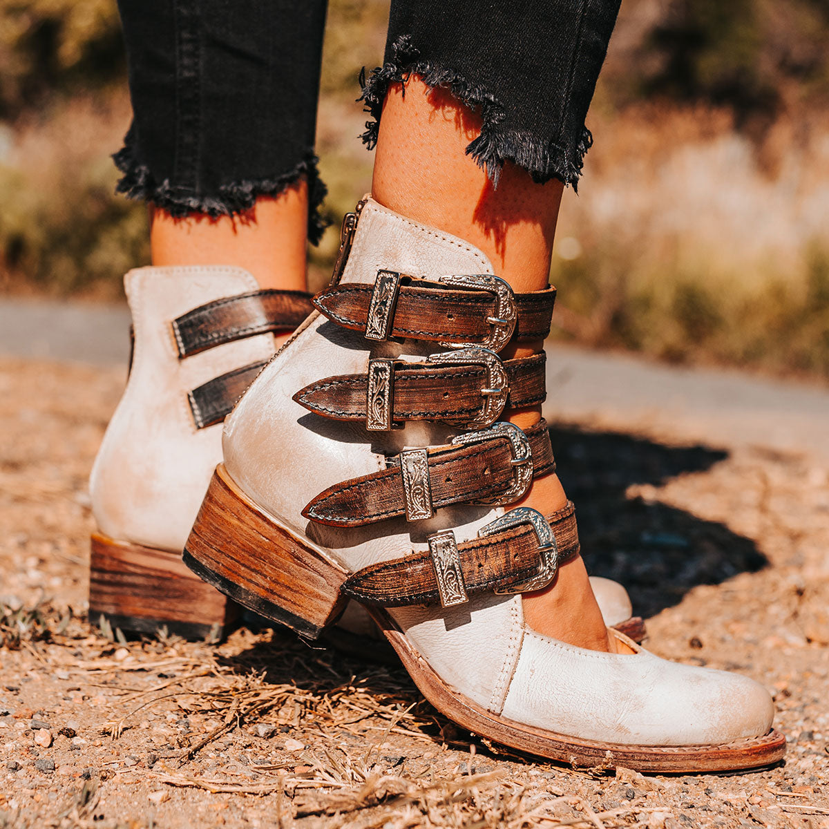 FREEBIRD women's Scarlett ice multi leather open bootie with four adjustable instep straps and western hardware