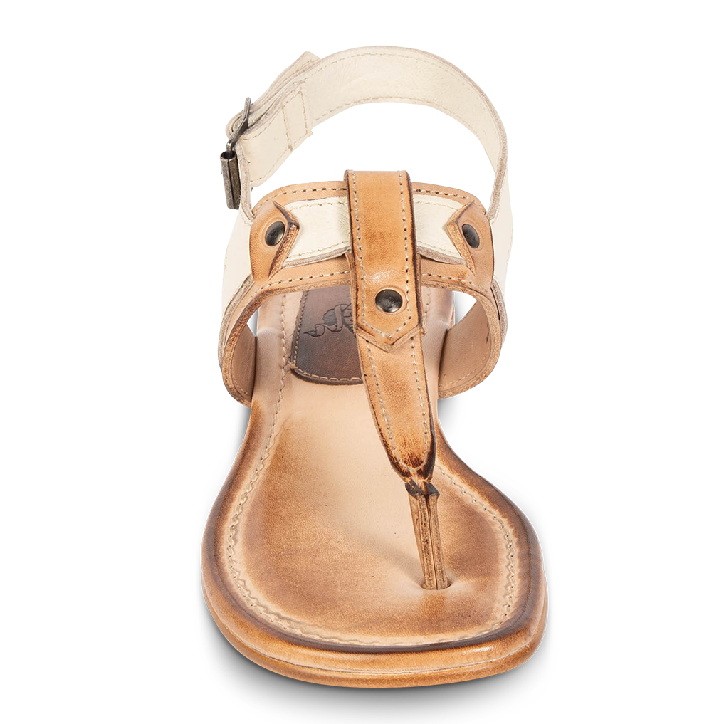 Front view showing FREEBIRD t-strap design on women's Sedona beige multi low heeled sandal